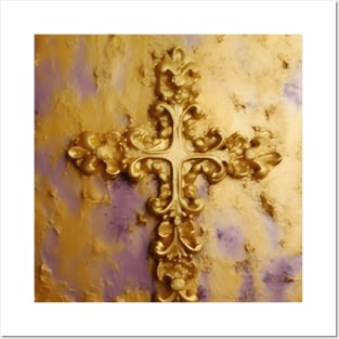 Gold Cross on Purple Background With Gold Dust Posters and Art